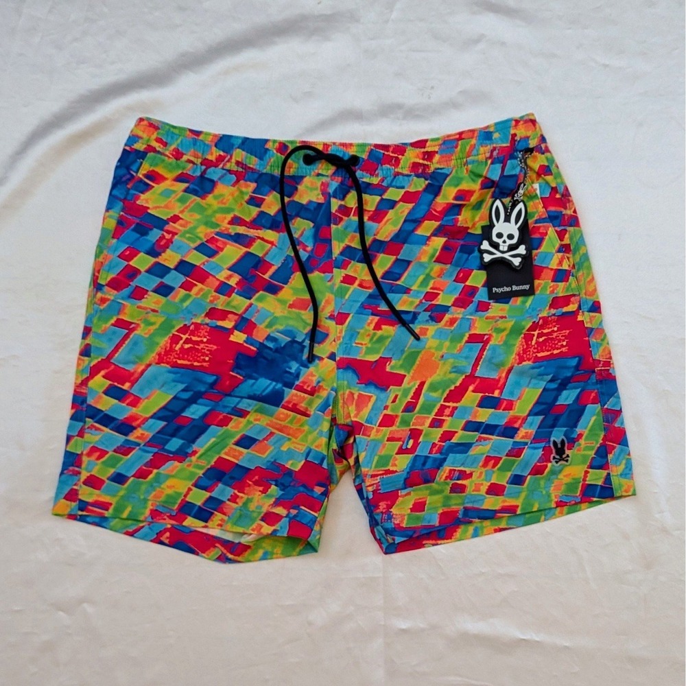 New Psycho Bunny Dennis All Over Print Swim Trunk Shorts Colorful Large